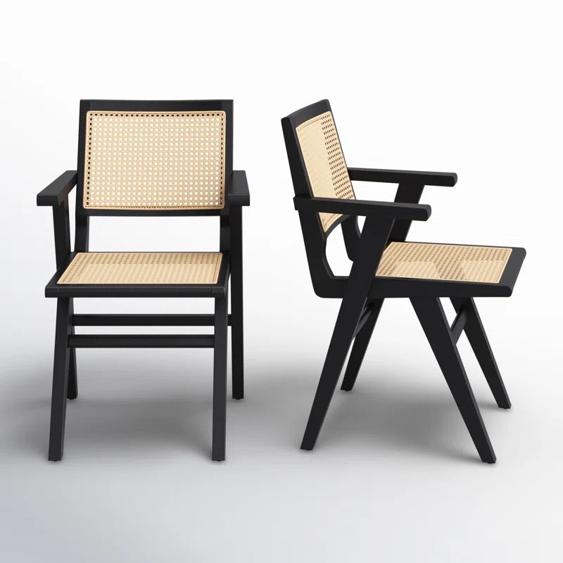 Elegant Coastal Black Wood and Natural Cane Armchair, 23"x33"