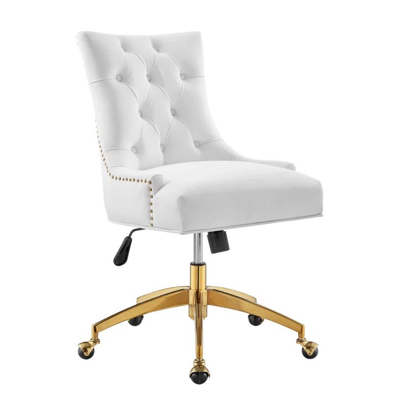 Elegant Gold and White Tufted Swivel Task Chair with Velvet Upholstery