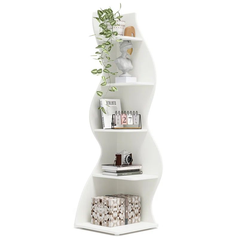 White 5-Tier Modern Corner Bookcase with Adjustable Shelves