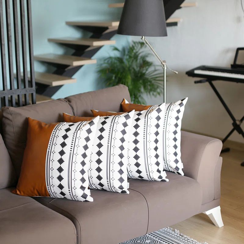 Boho Brown and Ivory Faux Leather Geometric 20" Pillow Covers