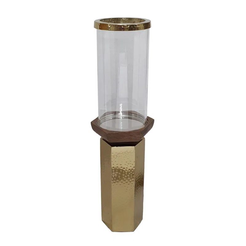 18" Gold and Clear Glass Mango Wood Hurricane Candle Holder