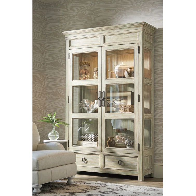 Beige Mahogany Lighted Transitional China Cabinet with Drawers