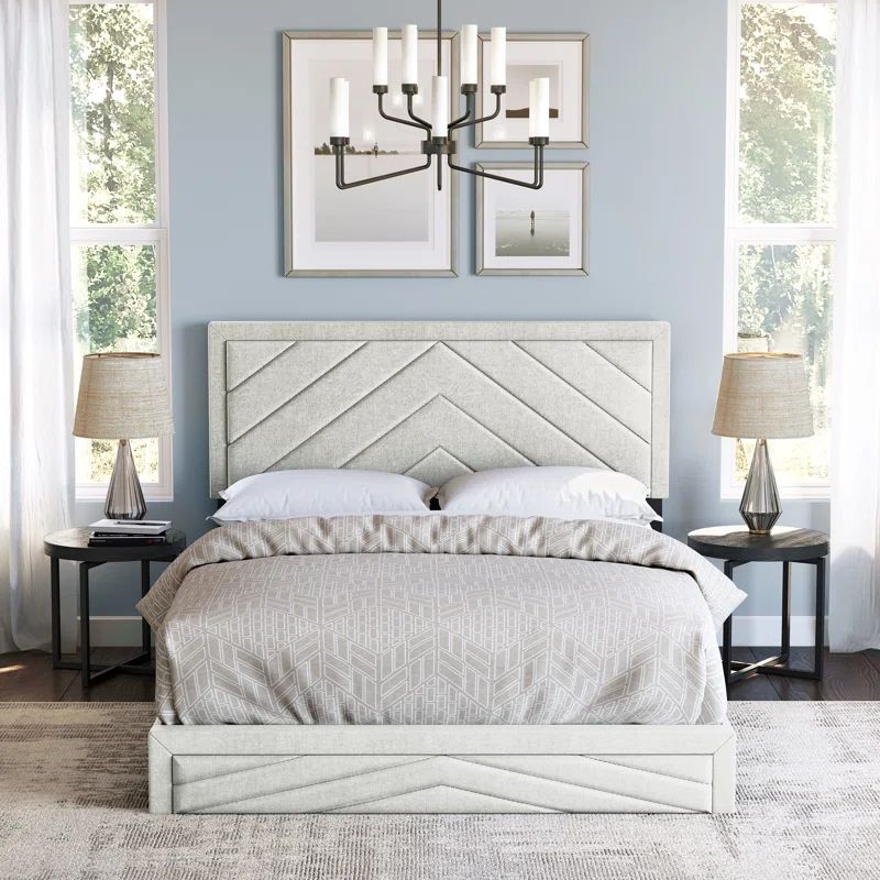 Gray Linen Upholstered Queen Platform Bed with Chevron Pattern