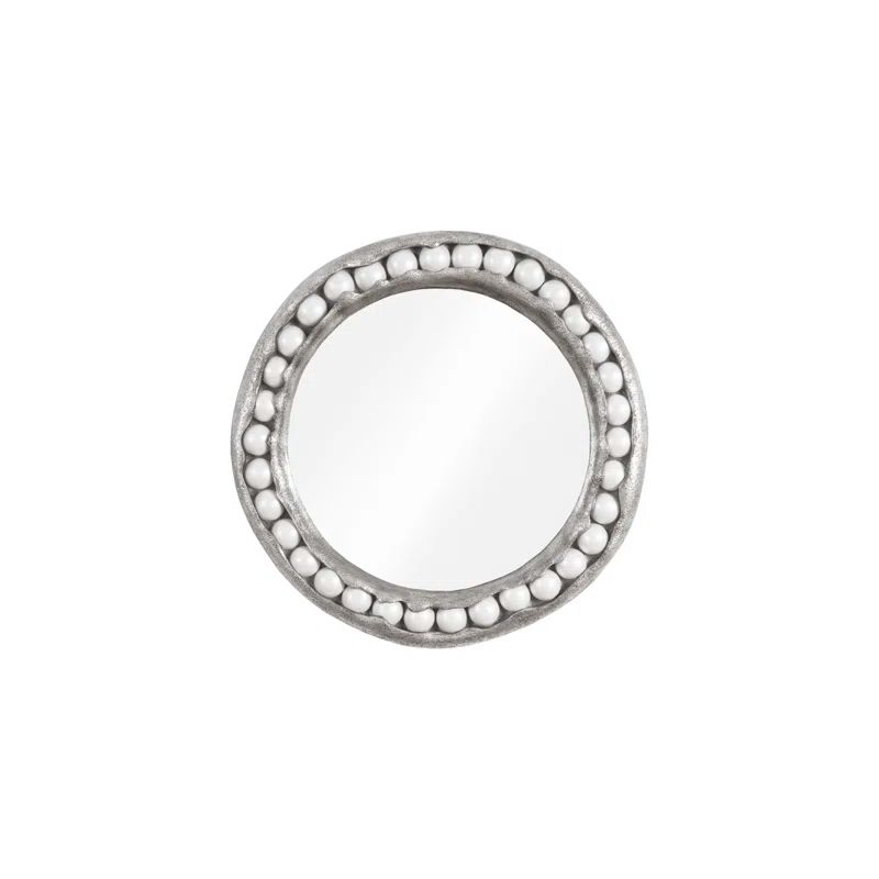 Silver Leaf Organic Round Wood Mirror with Beaded Accents