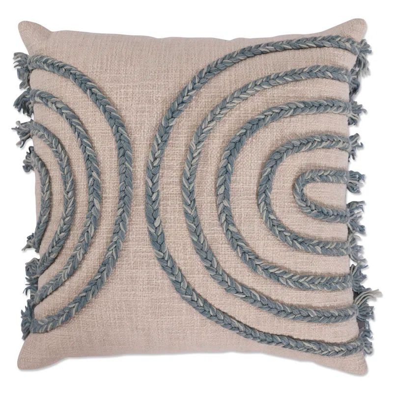 18" Square Blue and Beige Cotton Throw Pillow with Braided Tassels