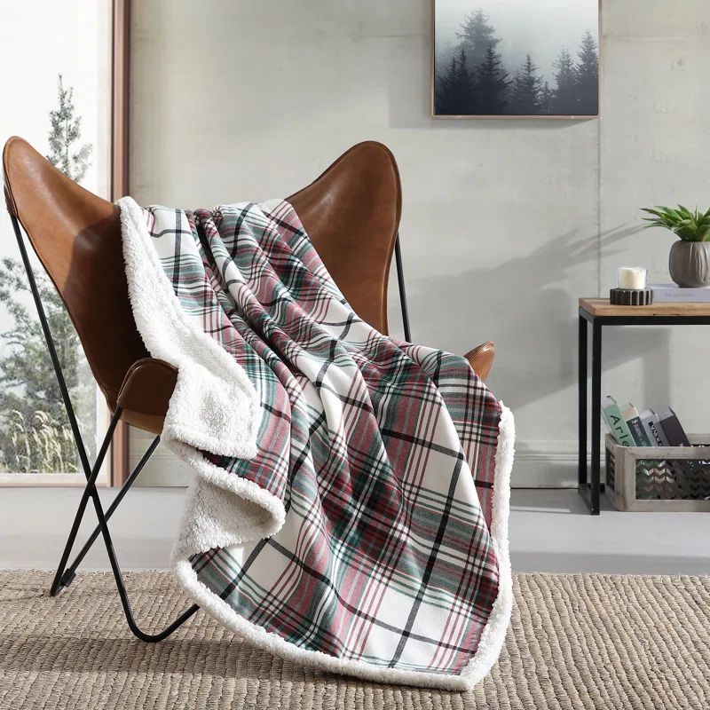 60" Red and Green Plaid Reversible Sherpa Cotton Throw Blanket