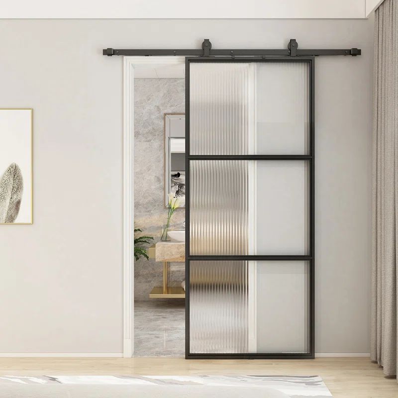 Black Aluminum and Frosted Glass Sliding Barn Door with Hardware Kit