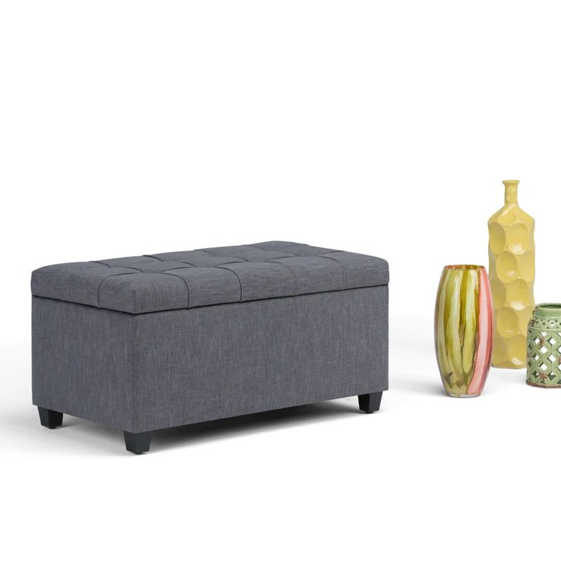 Slate Gray Tufted Wood Bench Ottoman with Interior Storage