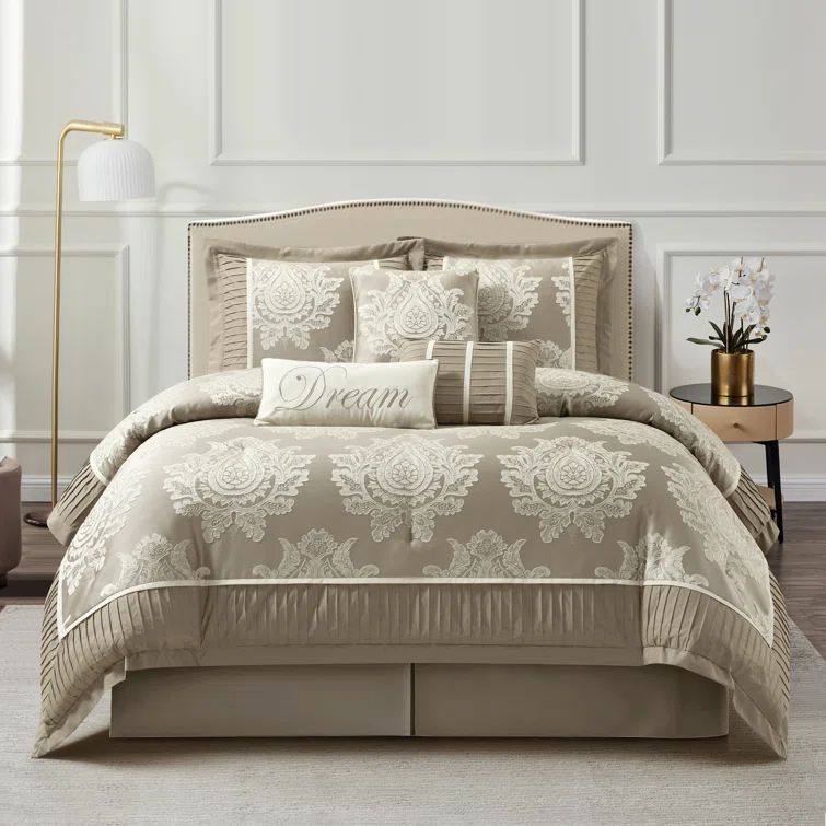 Beige King Damask Microfiber 7-Piece Comforter Set