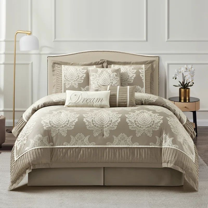 Beige Jacquard Damask California King Comforter Set