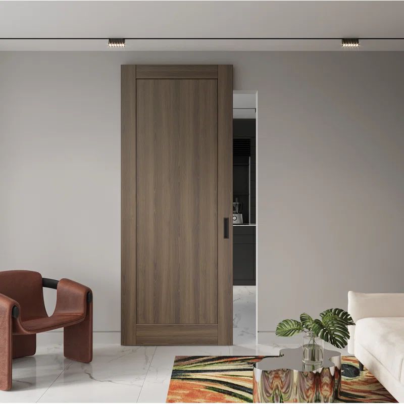 Pecan Nutwood Solid Composite Sliding Barn Door Kit with Black Hardware