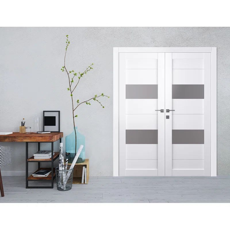 Left-Handed Frosted Glass Pine Wood Composite French Door