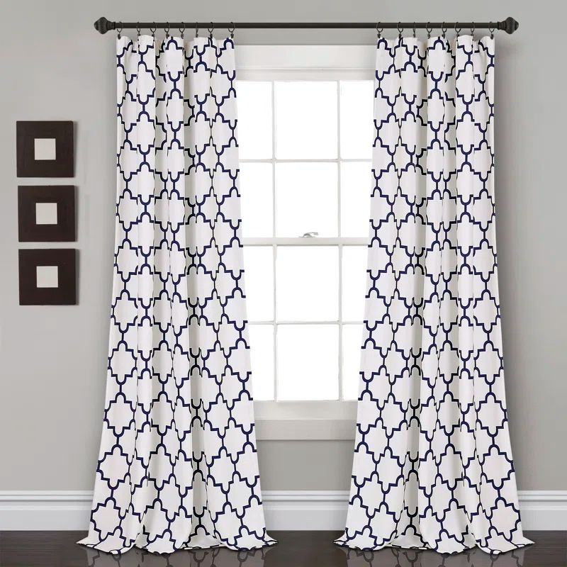 Navy and White Geometric Polyester Blackout Curtain Panels, 52"W x 108"L