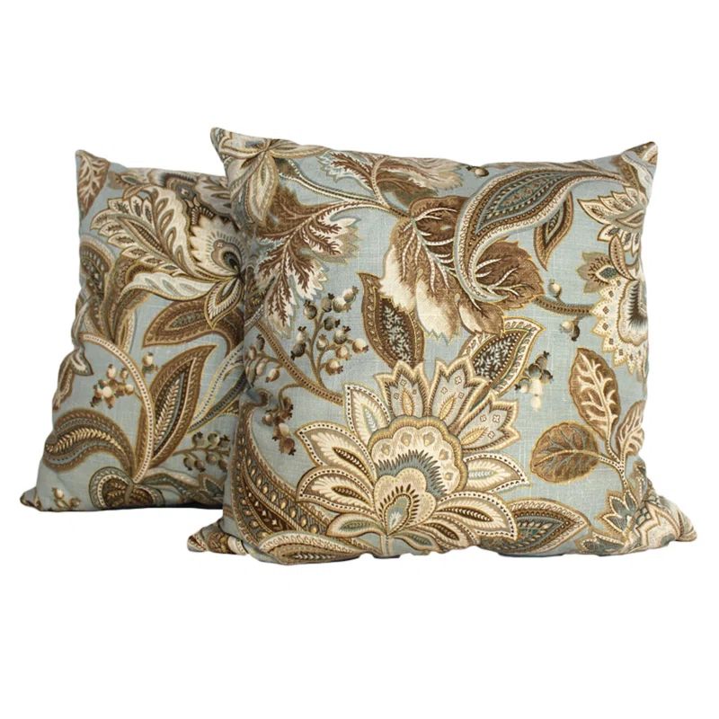 Mist Blue and Gold Embroidered Cotton Square Pillow Set