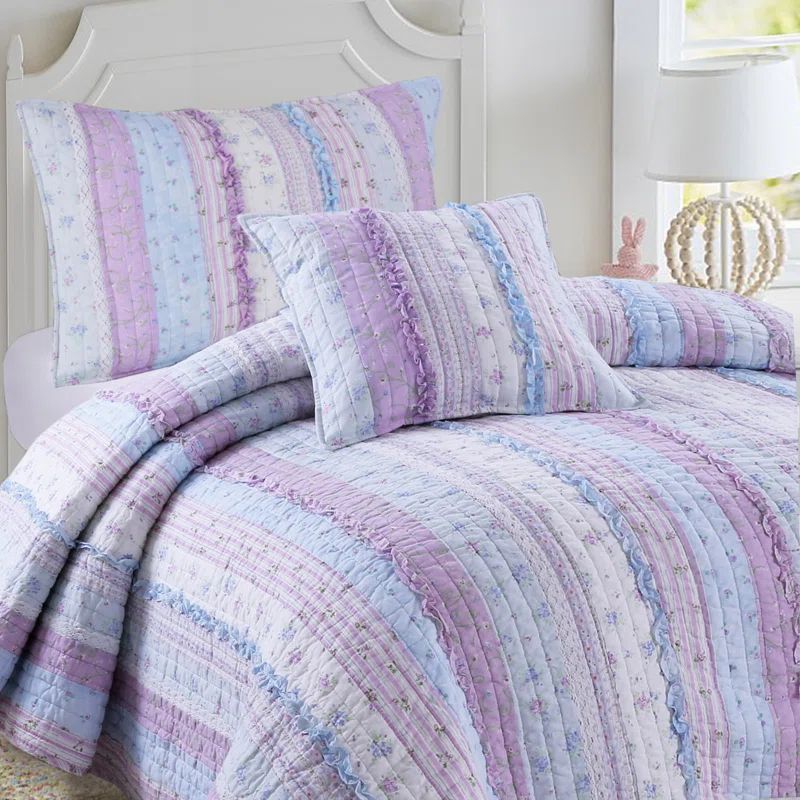 Lavender and Blue Cotton King Quilt Set with Throw Pillow