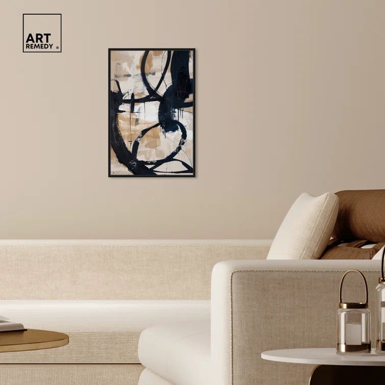Black and Beige Abstract Canvas Art with Wooden Frame, 25" x 17"