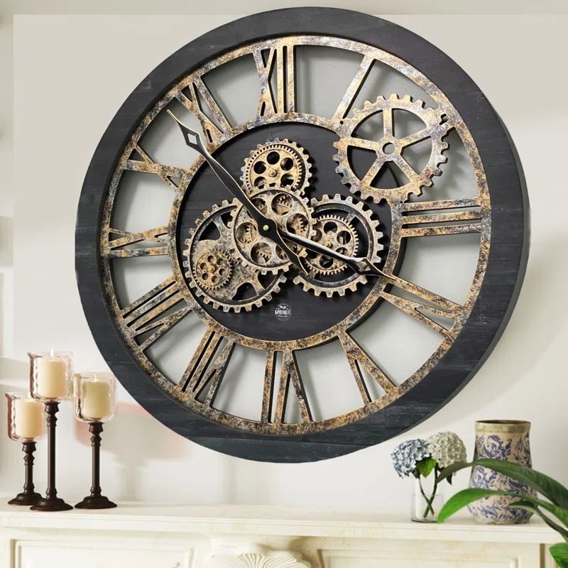 Vintage Black 24-Inch Industrial Wall Clock with Moving Gears