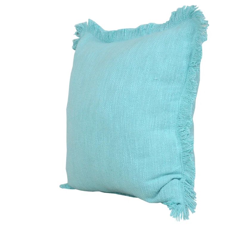 Light Blue Cotton Square Throw Pillow with Fringe