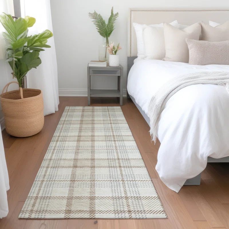 Ivory and Beige Plaid Flat Woven Indoor/Outdoor Runner Rug