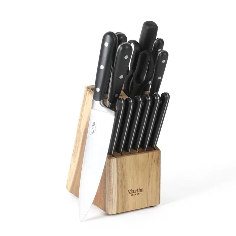 14-Piece Black Stainless Steel Knife Set with Acacia Block