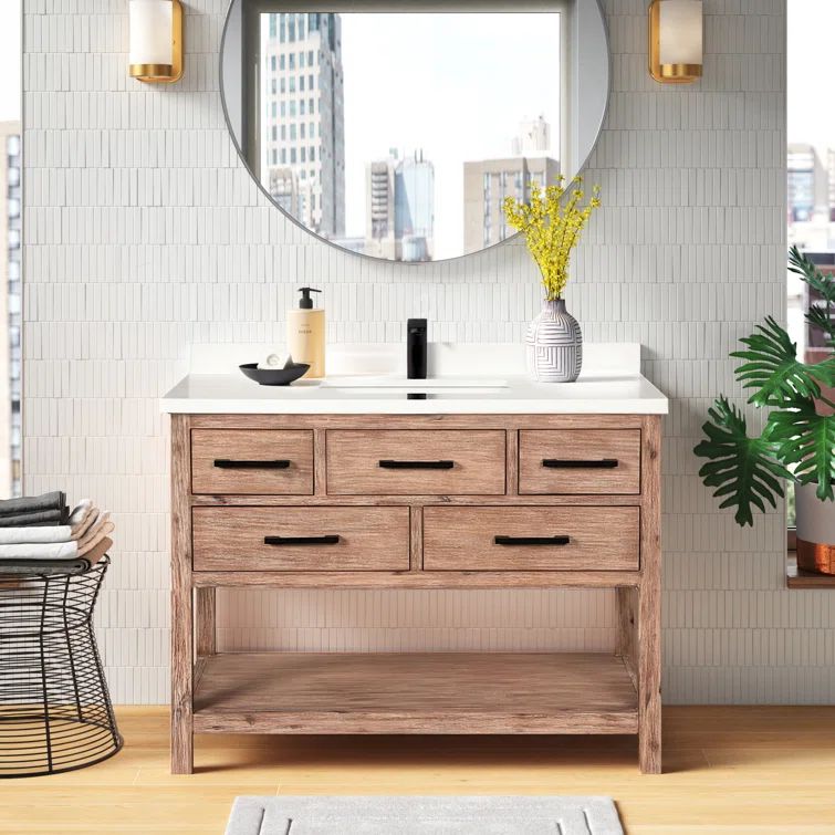 Betty Weathered Brown Solid Fir Wood Bathroom Vanity with Quartz Countertop