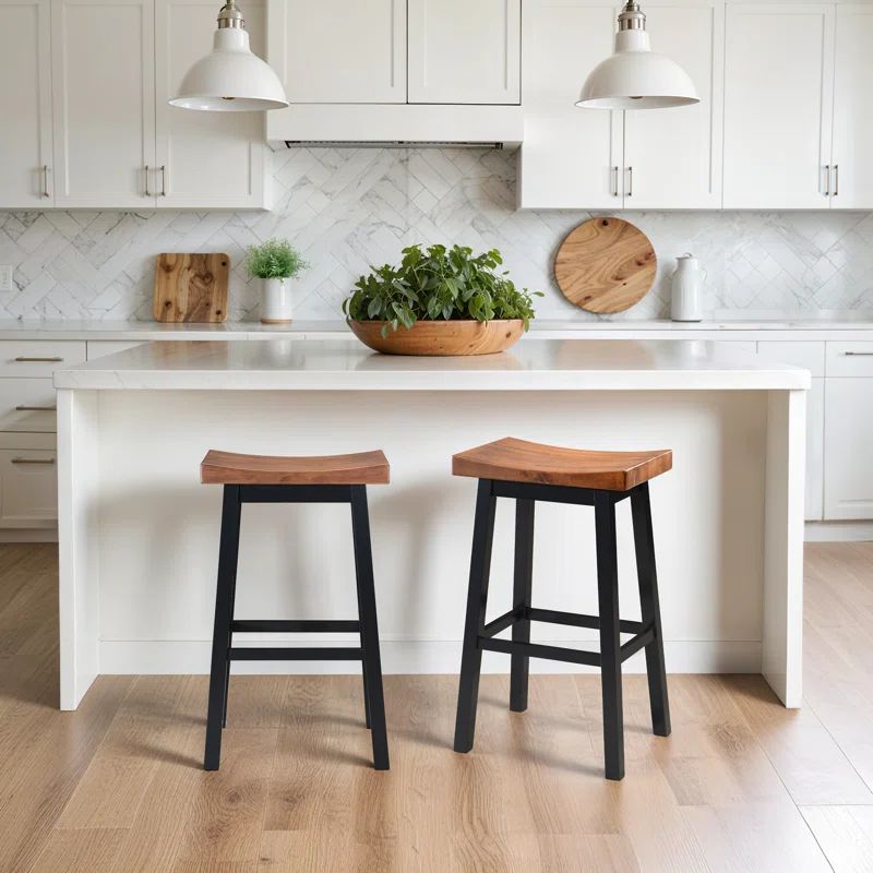 Rustic Farmhouse 29" Rubberwood Saddle Barstool, Brown, Set of 2