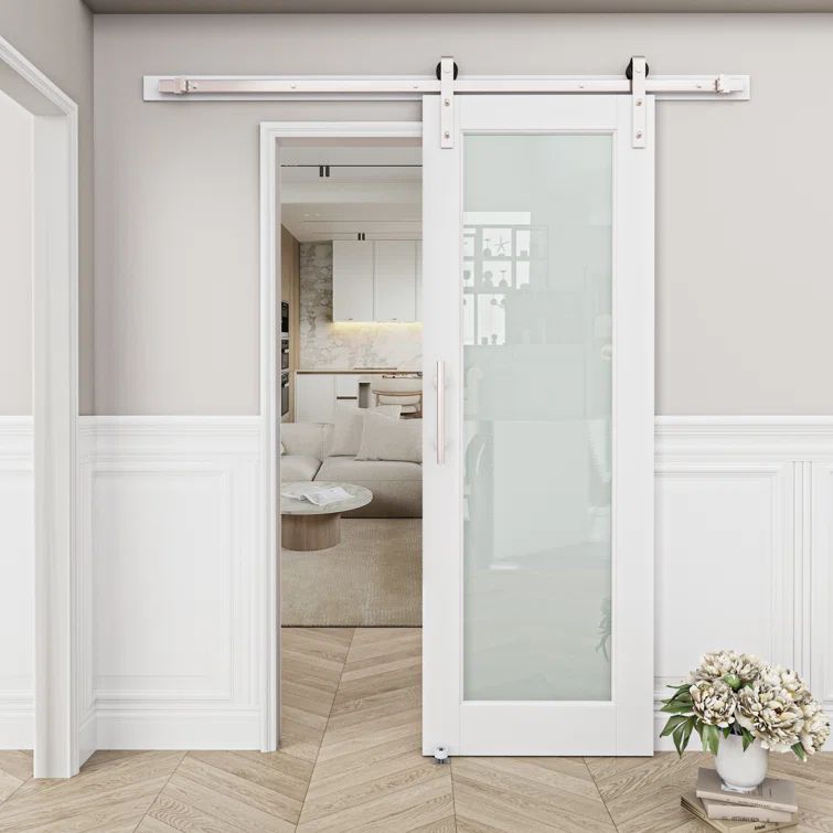 30 in. x 80 in. Primed White MDF Sliding Barn Door with Frosted Glass and Nickel Hardware