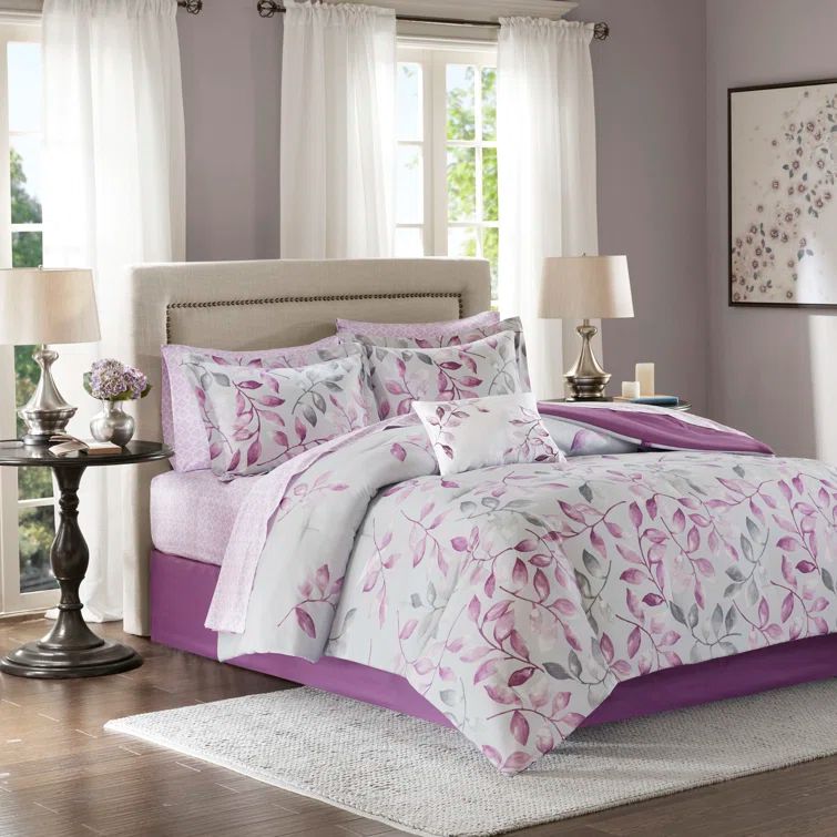 Queen Purple Microfiber Floral Comforter Set with Cotton Sheets