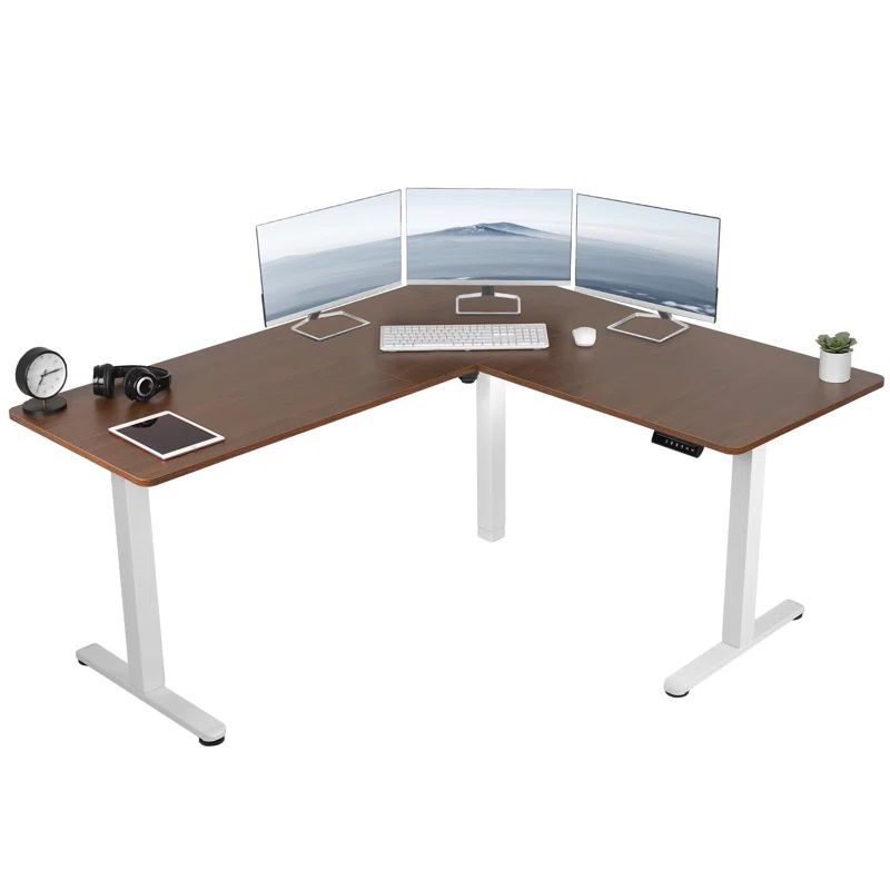 Dark Walnut and Black L-Shaped Adjustable Standing Desk with Keyboard Tray
