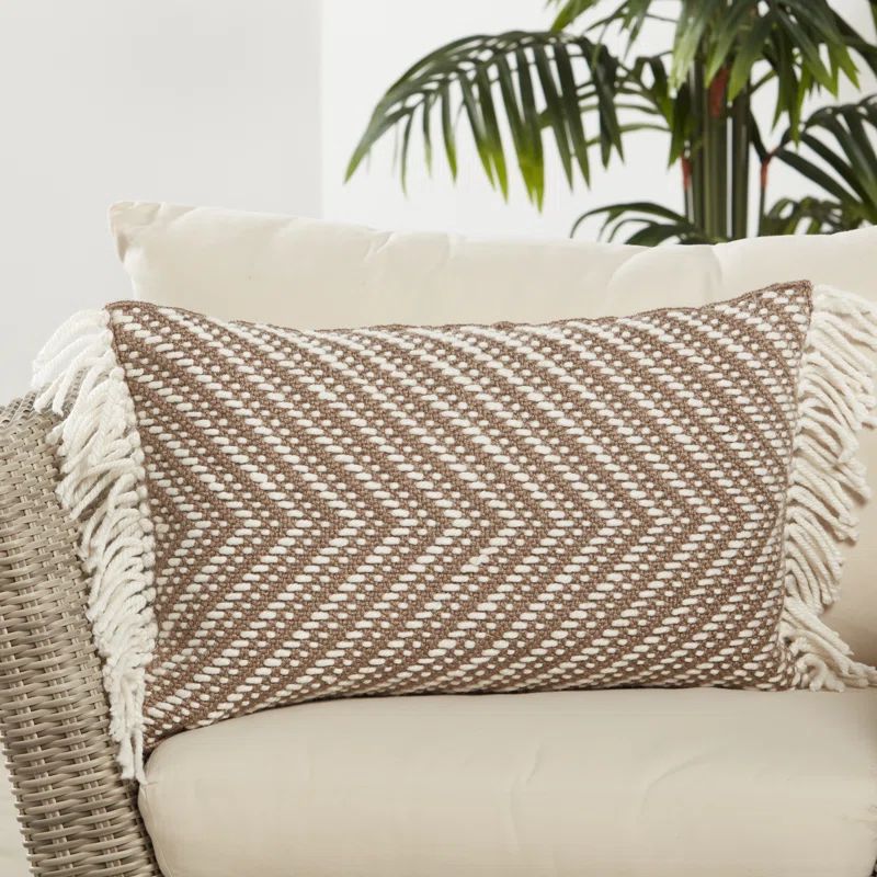 Taupe and Ivory Chevron Indoor/Outdoor Pillow Cover with Tassels