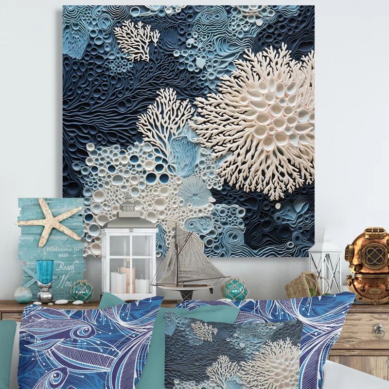 Underwater Blue and White Coral Collage Canvas Art