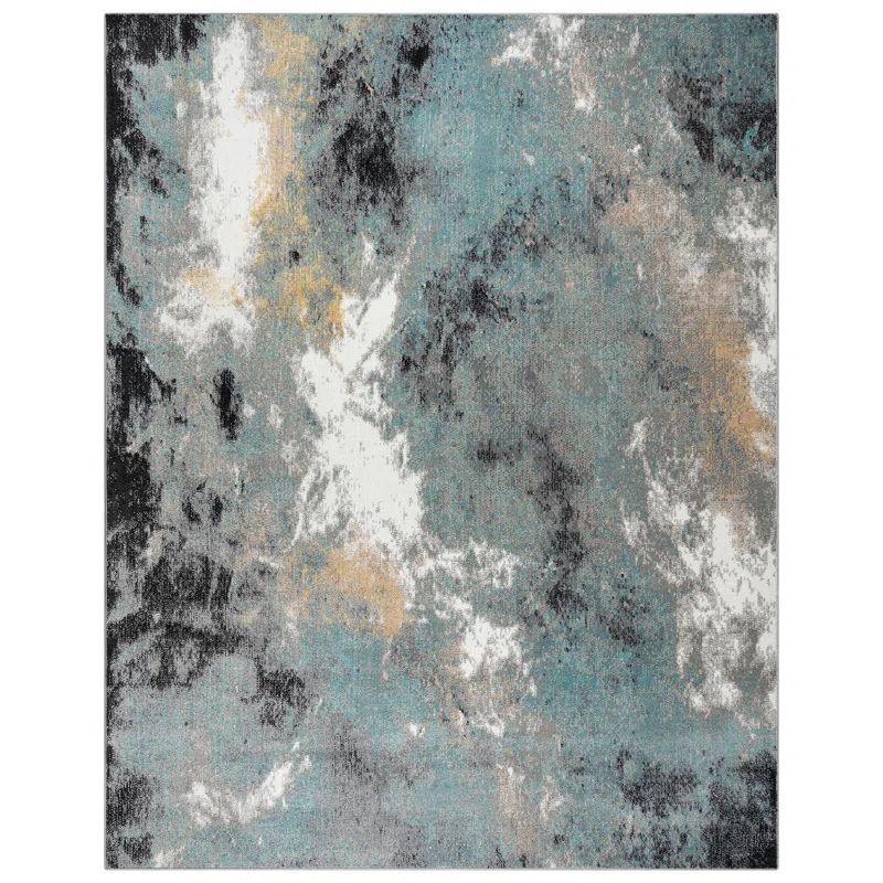 Gray and Aqua Floral Synthetic 8' x 10' Area Rug
