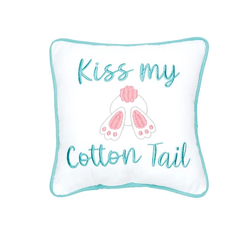 White and Teal Embroidered Square Easter Bunny Pillow