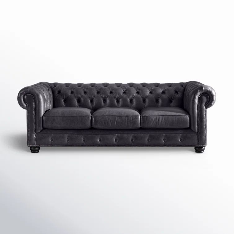 Espresso Finish 95" Grey Genuine Leather Chesterfield Sofa