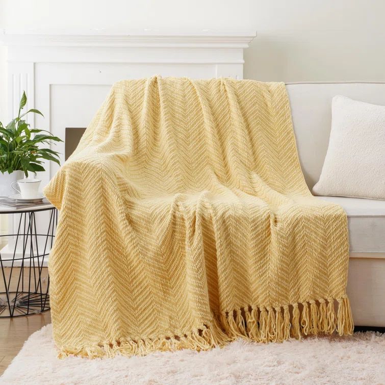 Yellow Knitted Chenille Throw Blanket, 130cm x 150cm