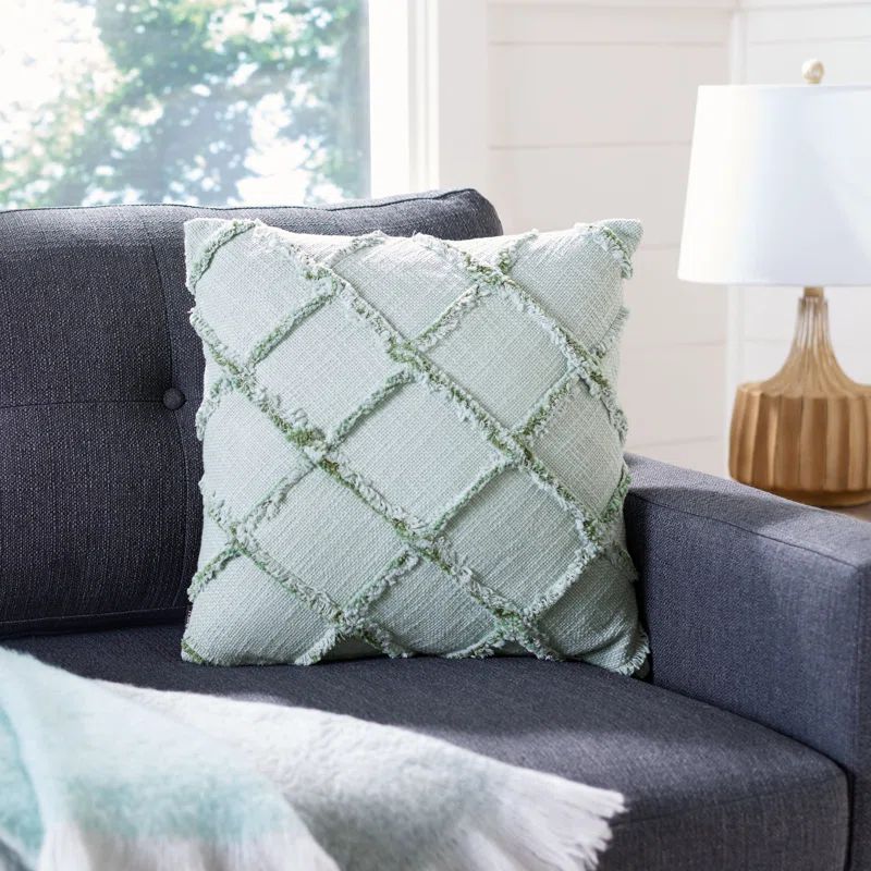 Ashlin Sage Green Fringed Cotton Square Pillow