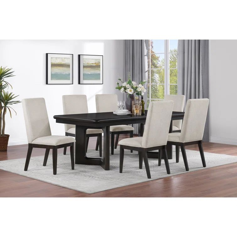 Hathaway 7-Piece Acacia Brown Dining Set with Cream Upholstered Chairs