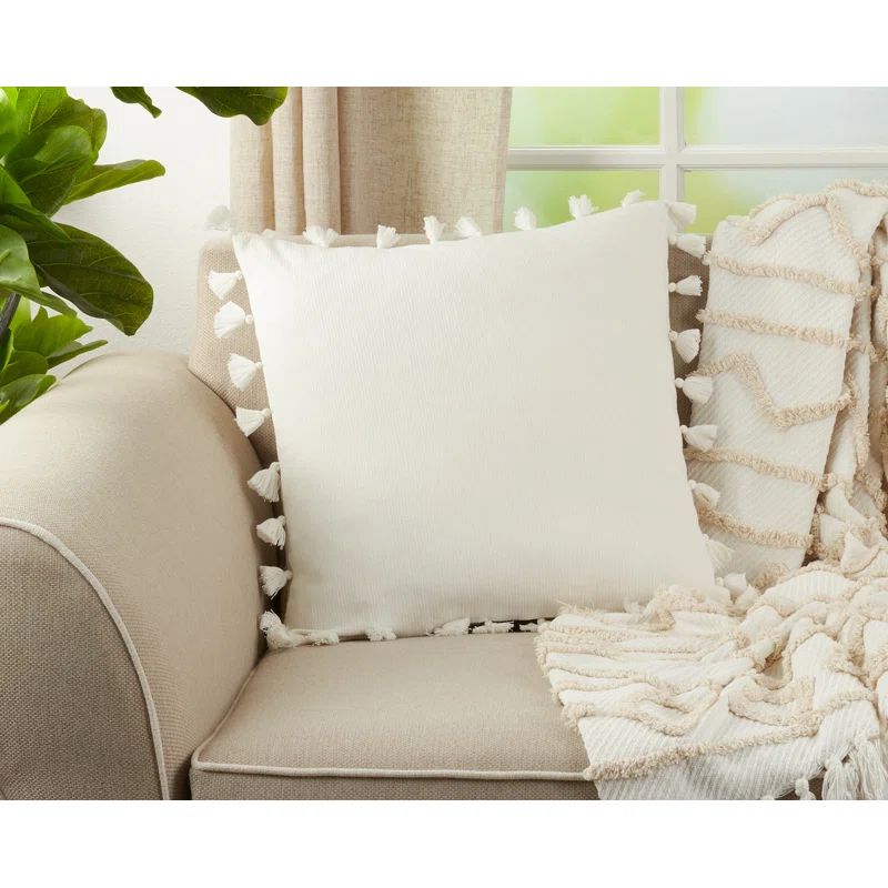 White Cotton Tassel Trim Square Throw Pillow