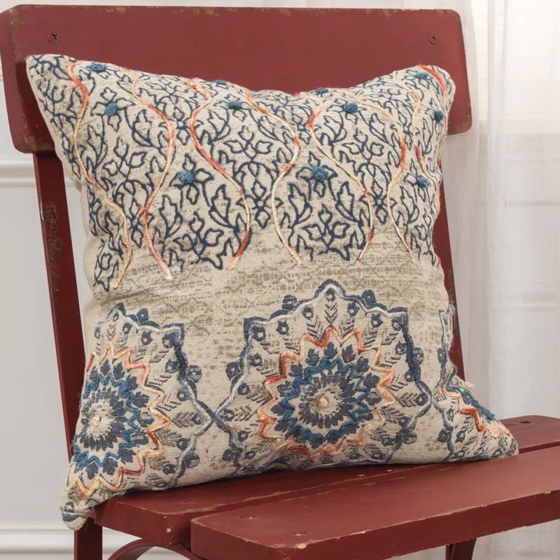 Embroidered Floral Medallion 17" Square Throw Pillow in Blue and Rust