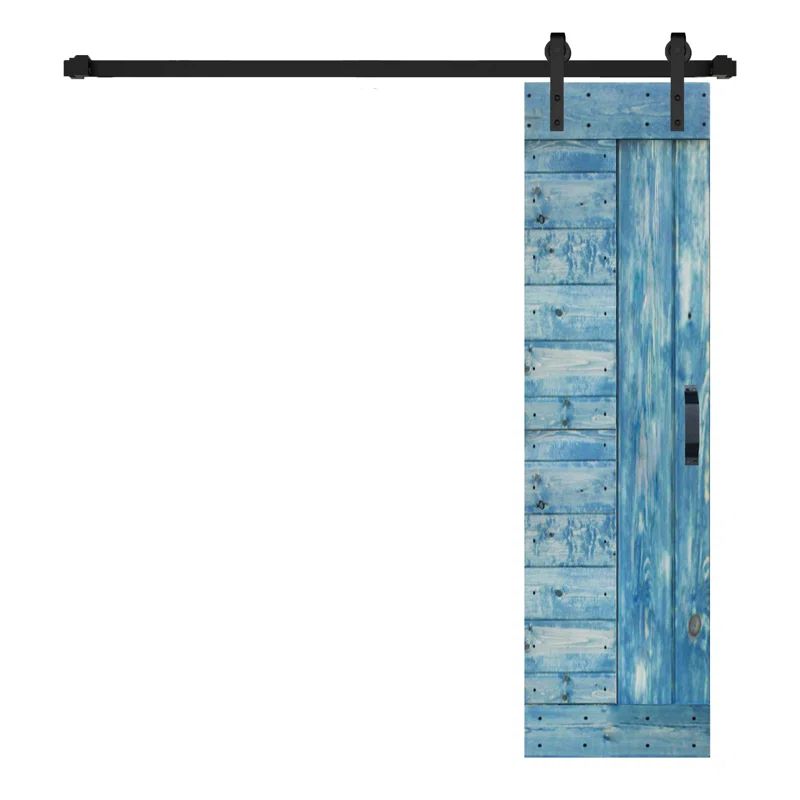 Worn Navy Solid Wood Multipanel Barn Door Kit with Black Hardware