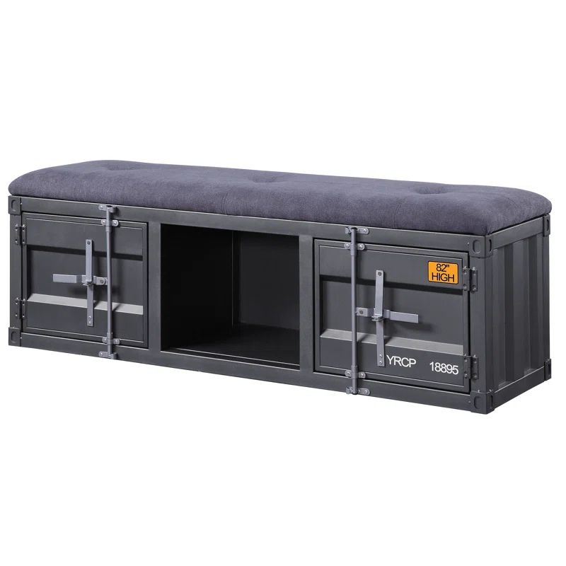 Contemporary Gray Fabric Cargo Storage Bench, 56" Gunmetal Accents