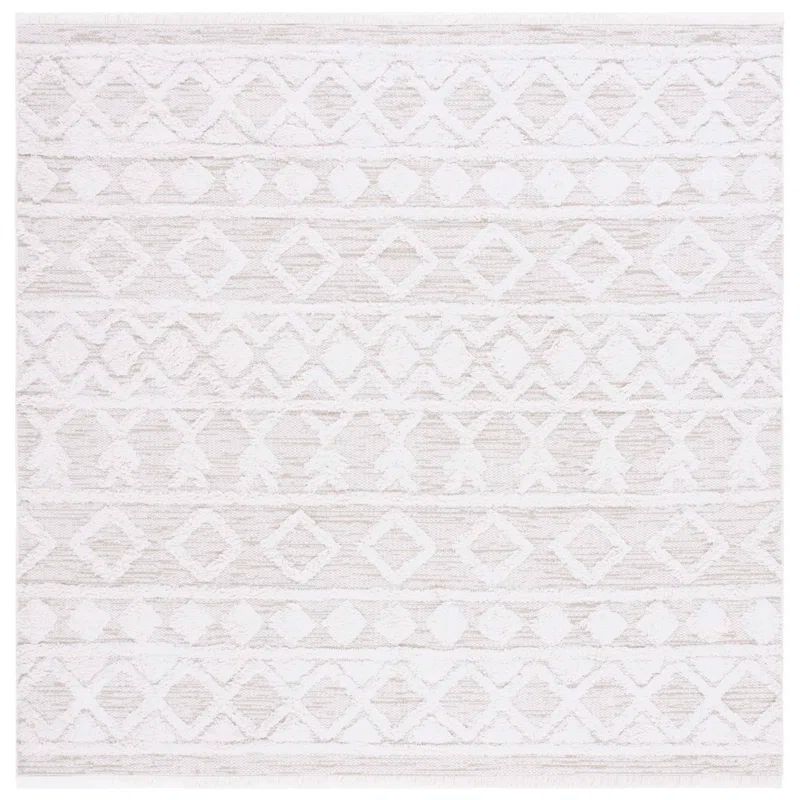 Ivory and Beige Geometric Square Synthetic Rug, 6'-4" x 6'-4"