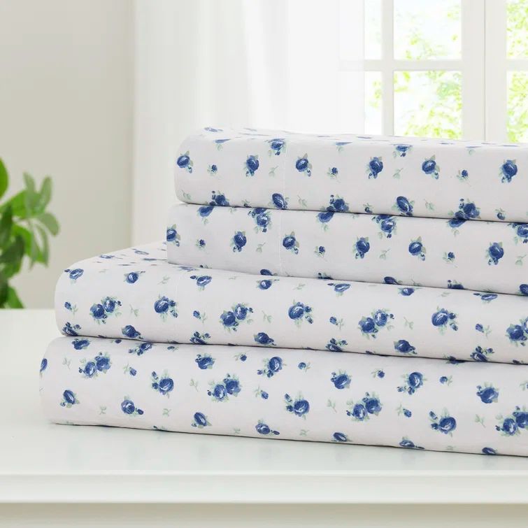 Blue Floral Print Microfiber Full Sheet Set