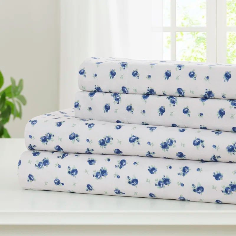 Blue Floral Print Microfiber Full Sheet Set