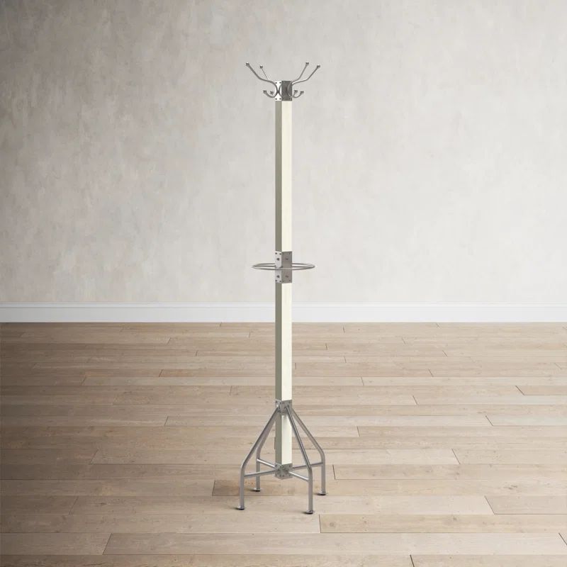 Transitional Logan Square White Freestanding Coat Rack with Silver Hooks