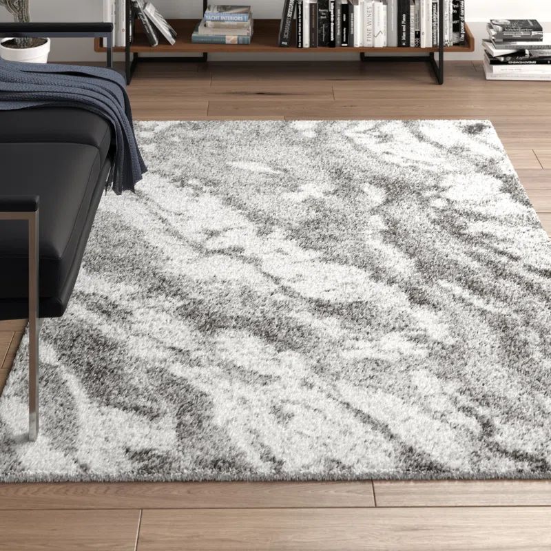 Gray and Off-White Abstract Shag Area Rug, 6'7" x 9'