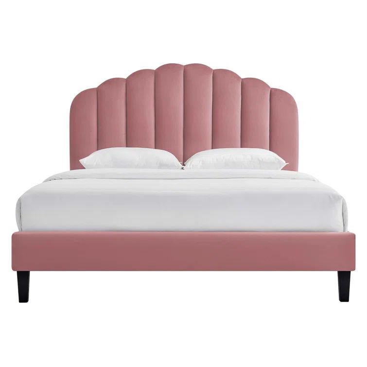 Pink Velvet Full Platform Bed with Tufted Upholstered Headboard