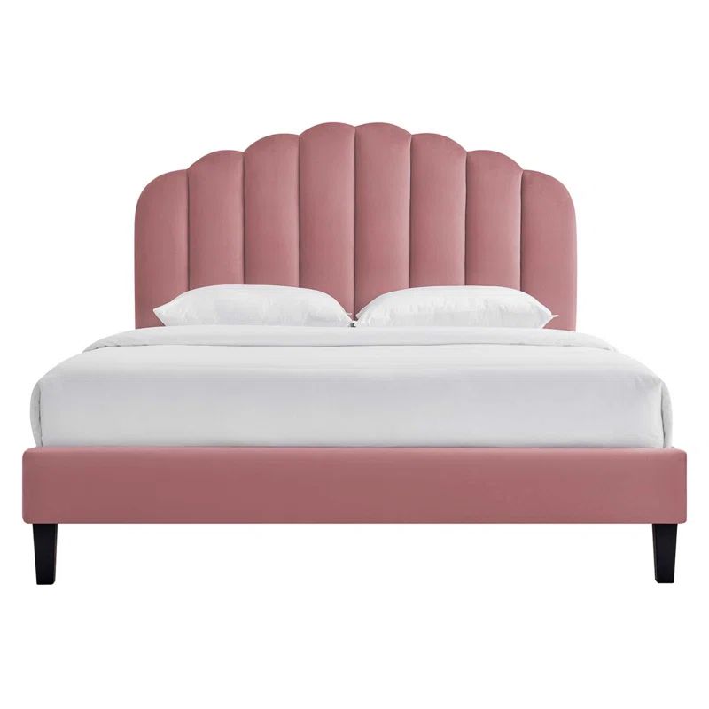 Pink Velvet Queen Platform Bed with Tufted Headboard