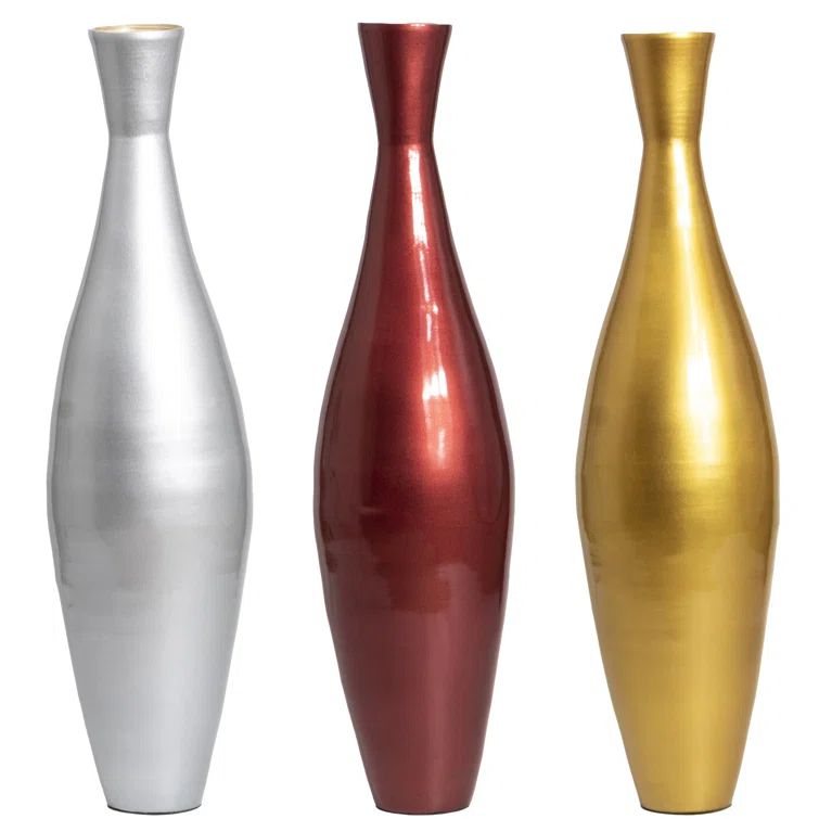 Tall Silver, Red, and Gold Bamboo Floor Vase Set