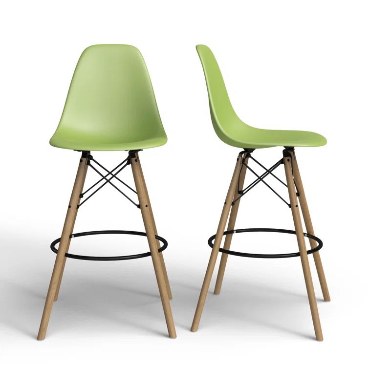 Parisian Modern Classic Green Counter Stools with Natural Wood Legs, Set of 2